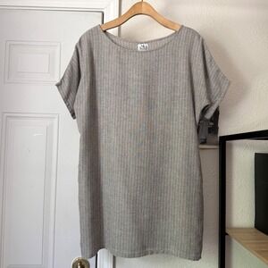 ME &‎ ARROW grey linen striped boat neck short sleeve mini dress